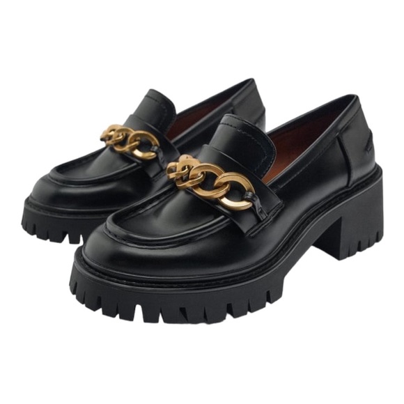 ZARA GOLD CHAIN DETAIL LUG SOLE HEELED LOAFERS - Picture 1 of 10
